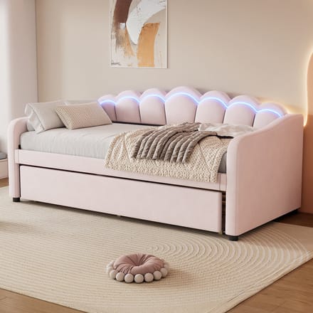 MODFU Bedframe 90x200 cm – roze fluweel – uitrolbaar slaapbank met verstelbare LED – dagbed