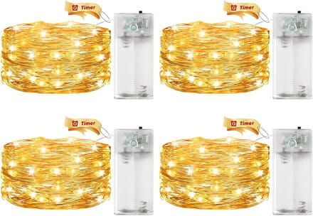 4x LED Sprookjeslichtjes op Batterijen met Timer 2 Meter Warm Wit Koperdraad Decoratie