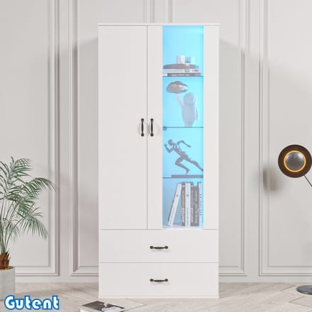 Gutent Vitrinekast-16 kleuren LED-verlichting-2 deuren-Vrijstaande vitrinekast-Wit