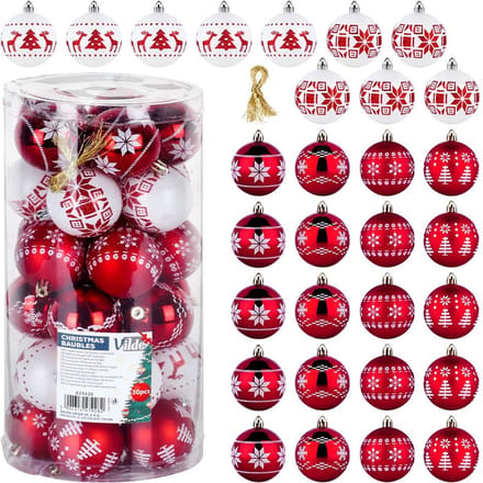 Kerstballen Set Onbreekbaar Rood Wit 6 cm 30 stuks - Kerstdecoratie