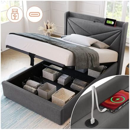 Merax Opbergbed 90 x 200 cm met hoofdeinde - USB + type C - linnen stof - grijs