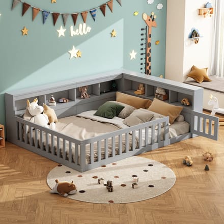 MODFU - Bedframe 140x200 cm – Grijs daybed met stopcontact, USB & opbergvakken