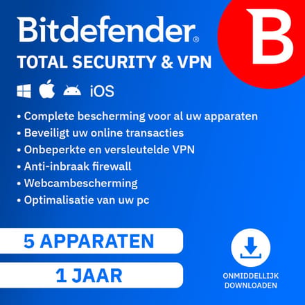 Bitdefender Total Security + VPN - 12 maanden/5 apparaten - Nederlands - Download