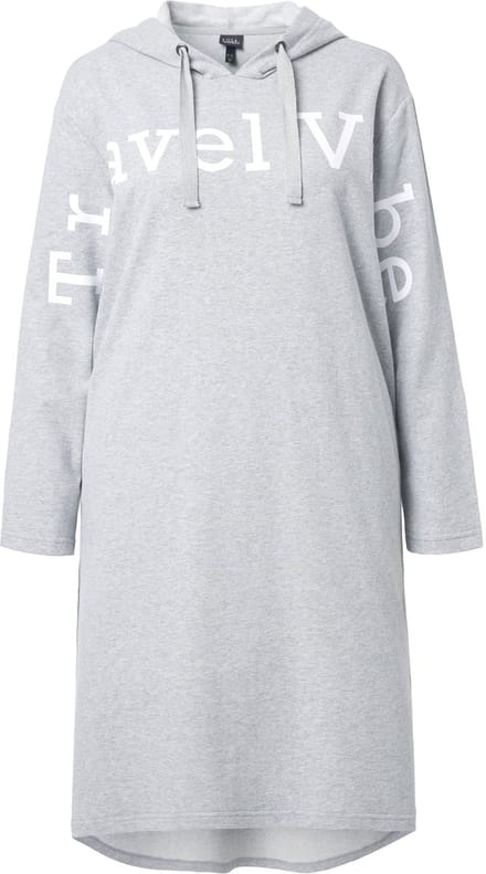 Ulla Popken - Dames - Sweat midi-jurk opschrift capuchon lange mouw - Lichtgrijs melange - Maat 46+