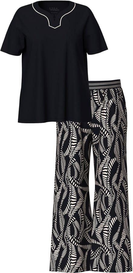 Ulla Popken - Dames - Pyjama palmbomen hartvormige hals korte mouw - Zwart - Maat 54+