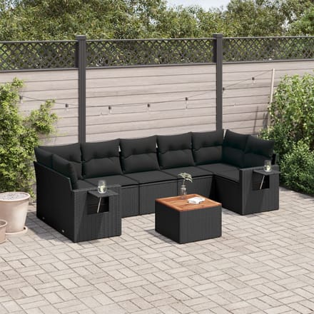 vidaXL - 8-delige - Loungeset - met - kussens - poly - rattan - zwart