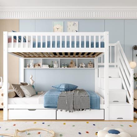 Sweiko Stapelbed - 90 x 200 cm - met 2 Lades - Boekenrek + Kledingkast - Wit