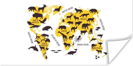 Wereldkaarten - Wereldkaart - Geel - Dieren - 160x80 cm