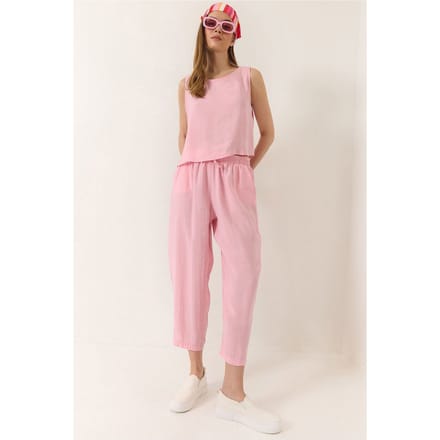 Mouwloze Crew Neck Blouse en Carrof Fıt Broek Set