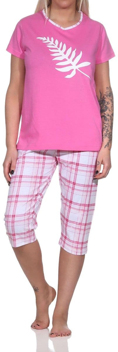 Elegante capri-damespyjama met geruite ¾ broek en print op de voorkant