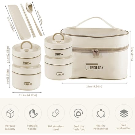 4 Stuks Thermische Maaltijdbox Draagbare Lekdichte Maaltijdcontainer Set Grote Capaciteit Snackbox met Tas Lepel Eetstokjes Thermische Voedselbox beige