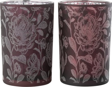 J-Line windlicht Bloemen - glas - paars/zilver - large - 2 stuks