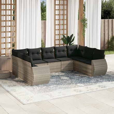 vidaXL - 9-delige - Loungeset - met - kussens - poly - rattan - lichtgrijs