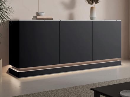 Vente-unique Buffetkast met 3 deuren en ledverlichting van MDF - Zwart met wit marmereffect - DEVIKA