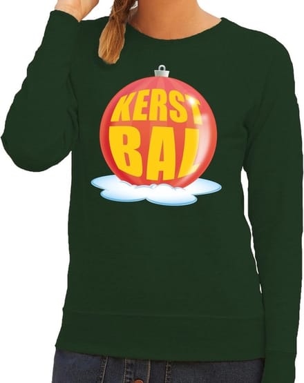 Foute kersttrui kerstbal rood op groene sweater voor dames - kersttruien S