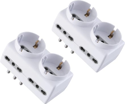 Set van 2 stekkeradapters met 6 stopcontacten - 2 Schuko + 4 tweewaardig, wit