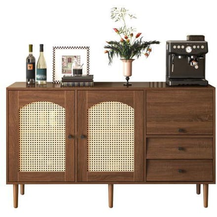Buffet - MUVOE - 130 x 75,5 x 40 cm - Portes en rotin - Fermeture magnétique - Étagère réglable