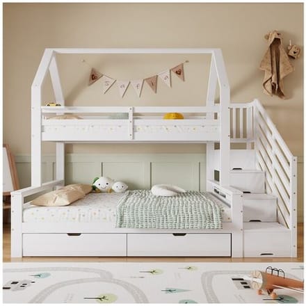 Merax Kinderstapelbed - 90 x 200 + 140 x 200 cm - met 2 lades + trapkast - grenen + MDF + multiplex - wit