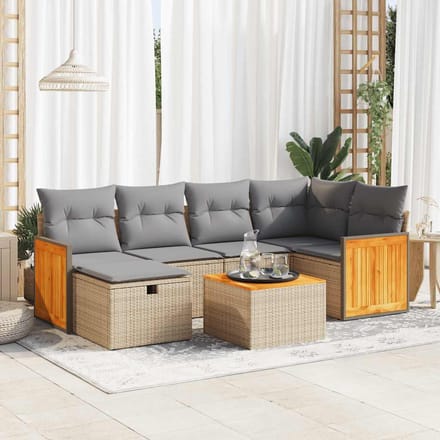vidaXL - 7-delige - Loungeset - met - kussens - poly - rattan - beige