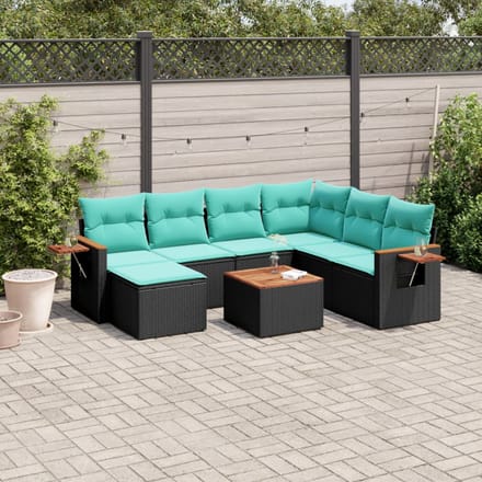 vidaXL - 8-delige - Loungeset - met - kussens - poly - rattan - zwart