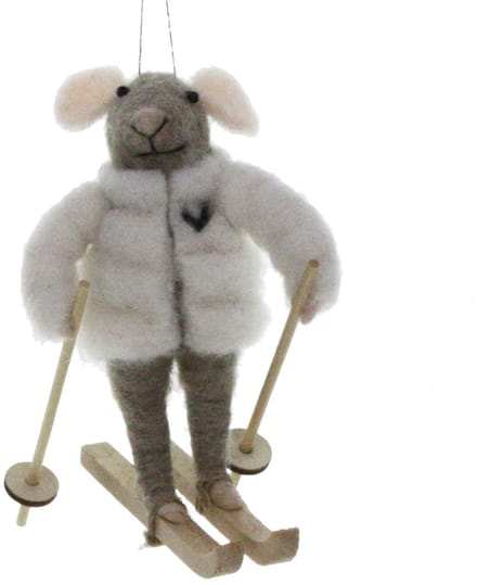 Muis in winterjas op ski's 8x9x12cm