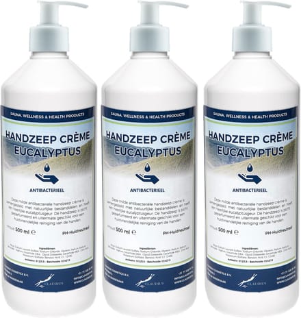 Handzeep Crème Eucalyptus 500 ml - set van 3 stuks - met gratis pomp - Voordeelverpakking