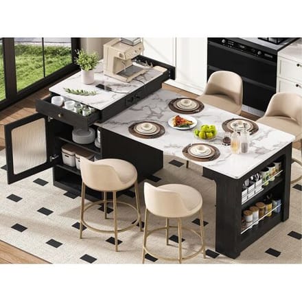 ModernLuxe Keukeneiland - Met stopcontact - Met afneembare en uitschuifbare eettafel - ​​Marmerstructuur​​ - Met 1 deur - ​​Zwart + Wit​