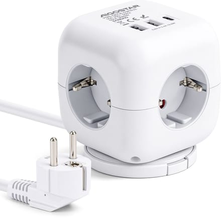 Aigostar Stekkerdoos met USB-C - 3 Stopcontacten - 2x USB-A - Kubus - 1,5 Meter - 3680W - Met Schakelaar - Wit