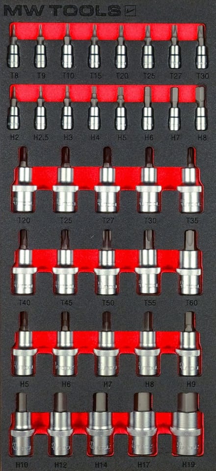 Dopbitsenset hex- Torx in foam tray 1/2- 1/4 HEX- TORX 36 delig MW Tools MWDBI141236