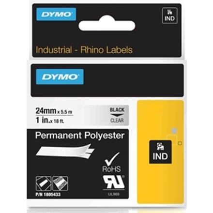 DYMO 1805433 IND Rhino tape permanent polyester zwart op transparant 24mm (origineel)