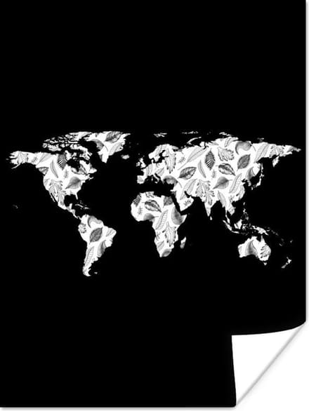 Poster - Wereldkaart - Planten - Zwart - 30x40 cm