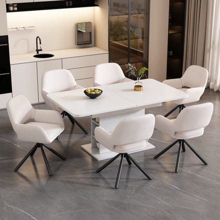 MIVRAY Eethoek 7-Delig - Uitschuifbare Eettafel Met 6 Stoelen En Opbergruimte - Voor Eetkamer - Spaanplaat Wit