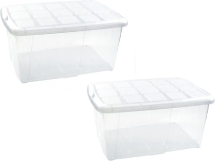 Plasticforte opslagbak organizers met deksel - 2x - transparant/wit - 60 liter - kunststof