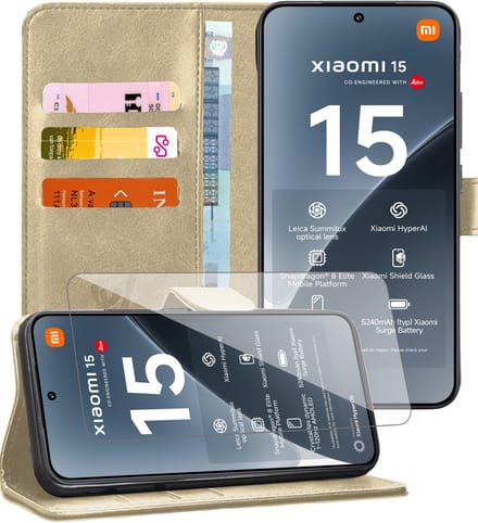 Hoesje geschikt voor Xiaomi 15 - Screenprotector Glas - Portemonnee Book Case Goud