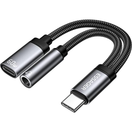 Essager USB-C naar USB-C + 3.5mm Adapter Kabel met 60W Oplader Zwart