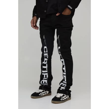Slim Stacked Flare Zip Gusset Print Trouser | Black | Size 48