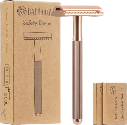 Bambooya Safety Razor met extra lang handvat + 20 scheermesjes - Scheermesjes voor vrouwen dames - Gold - Double Edge Single Blade - Zero Waste scheren | Duurzaam Scheermesje
