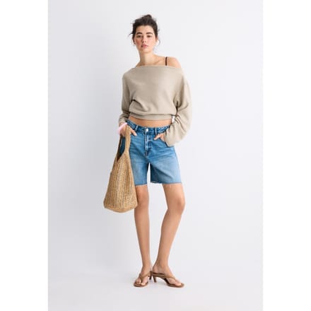 Stradivarius Gebreid T-shirt met boothals en ceintuur  Steen M