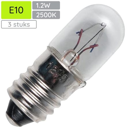 Signaallamp E10 8V 1.2W - 150 mAh - 3 stuks - T10 Gloeilamp Ø10mm - 28mm - 2500K - Dimbaar