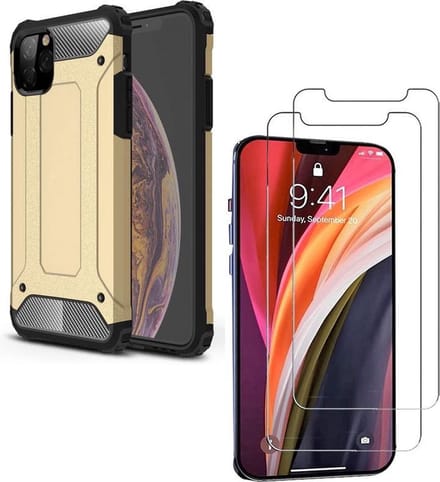 Hoesje Geschikt voor: iPhone 12 Heavy Duty + 2 stuks Tempered Screenprotector - Goud