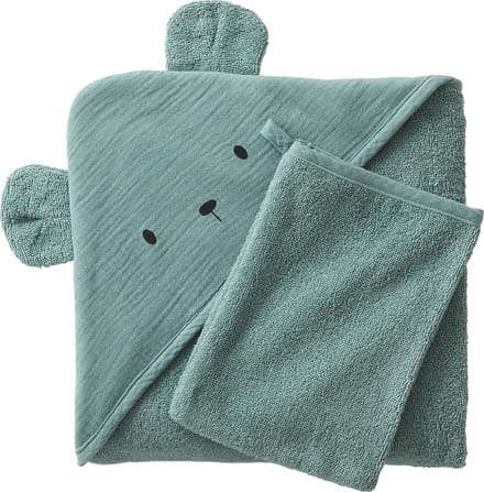 Vertbaudet Badcape + handschoen van biologisch katoenen gaas.