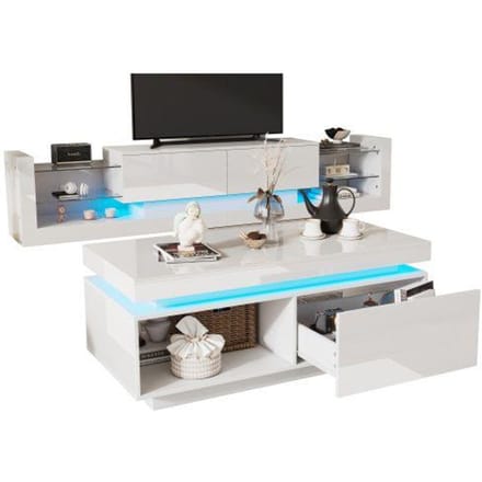 Meuble TV + Table Basse - MUVOE - Ensemble Mural - Finition Brillante - Éclairage LED - Dimensions Compactes blanc