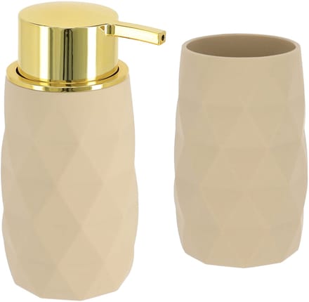 tendance Badkamer accessoire set - tandenborstelbeker en zeeppomp Diamond - beige - kunststof