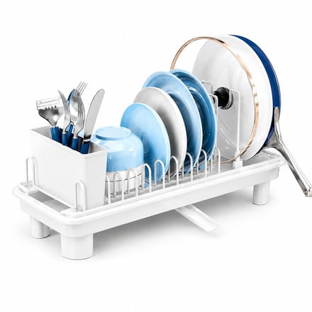 BOTC Afdruiprek - Klein Compact met verwijderbare Bestekhouder - 360° draaibare Afvoer - Multifunctioneel RVS Afdruiprek - Wit