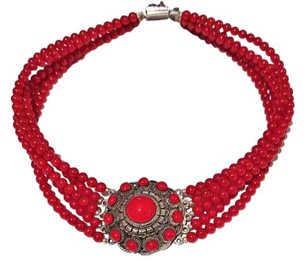 Zeeuws Meisje - Klederdracht - Collier Zeeuwse knop met 5 strengen rode kralen, nostalgisch en modern