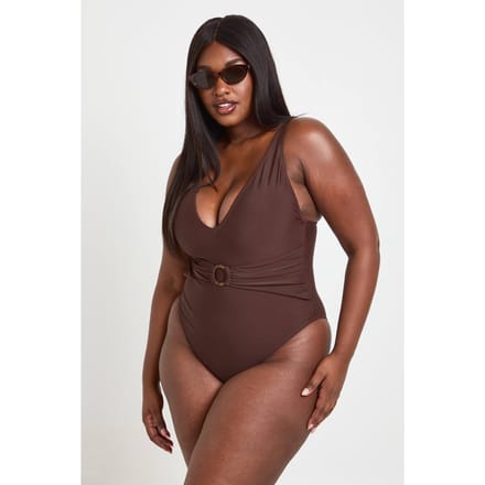 boohoo Dames Plus Buikcontrolerende O-ring Badpak Met Diepe V-hals | Chocoladebruin | Maat: 52