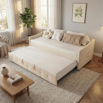 Multifunctionele Slaapbank - Bankbed Gestoffeerd - Kleine Ruimtes - Uitschuifbaar Bedframe - 90/180x200cm - Beige