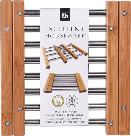 Excellent Houseware Panonderzetter - Set van 3x stuks - uitschuifbaar - 21 x 22 cm - bamboe en rvs - verstelbara