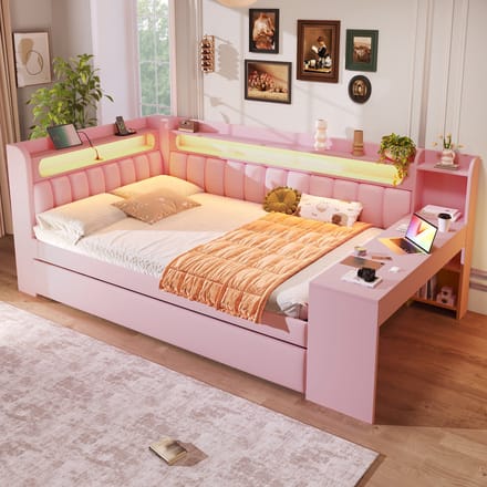 Dagbed 140x200 met Uitschuifbaar Bed en Bureau – Roze Gestoffeerd Bed met USB en LED