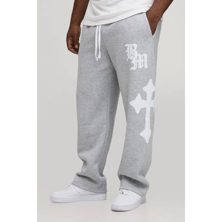 Plus Baggy Gothic BM Cross Print Joggers | Grey Marl | Size 5XL